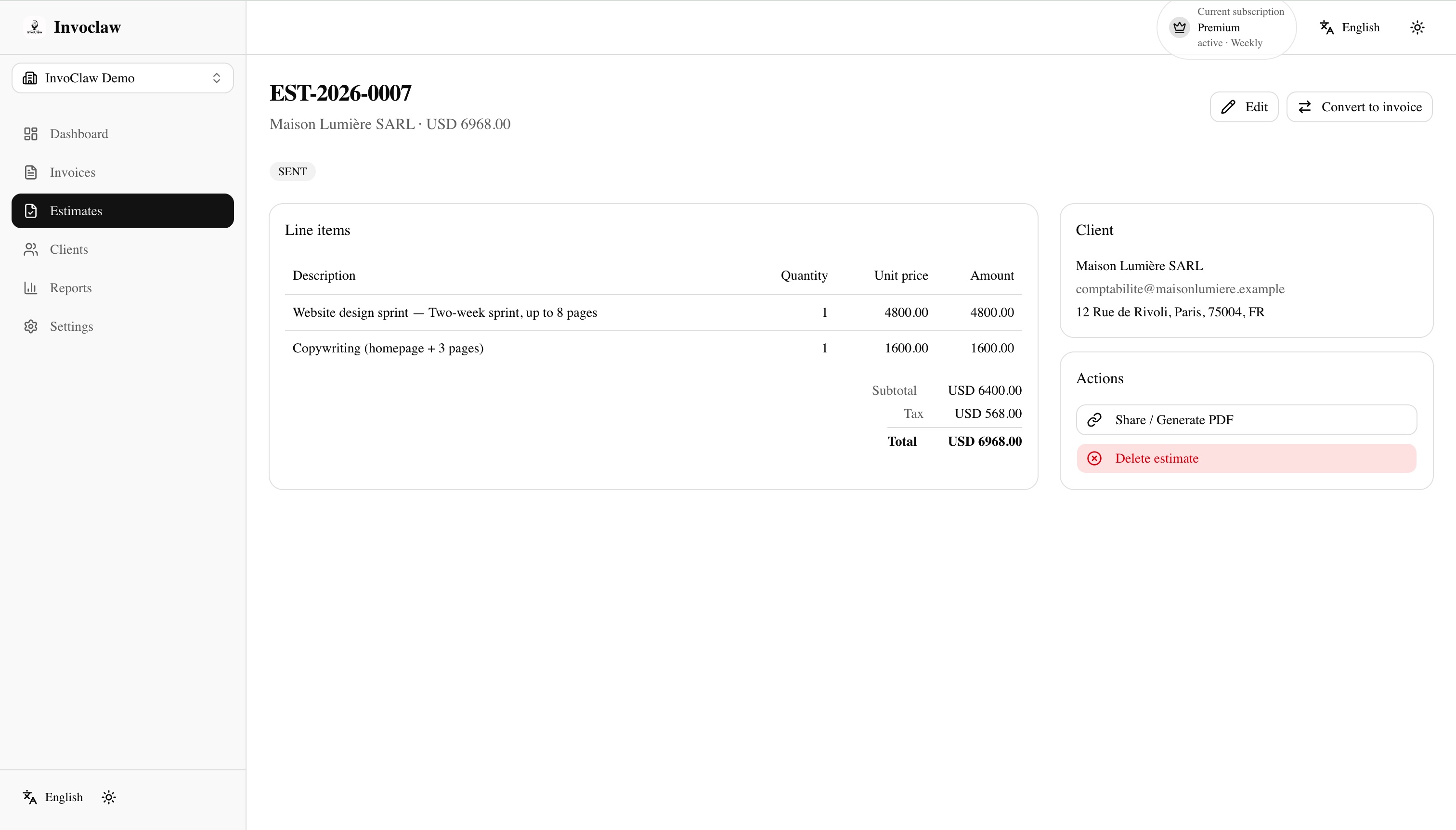 Estimate detail view with line items, totals, and a Convert to invoice action