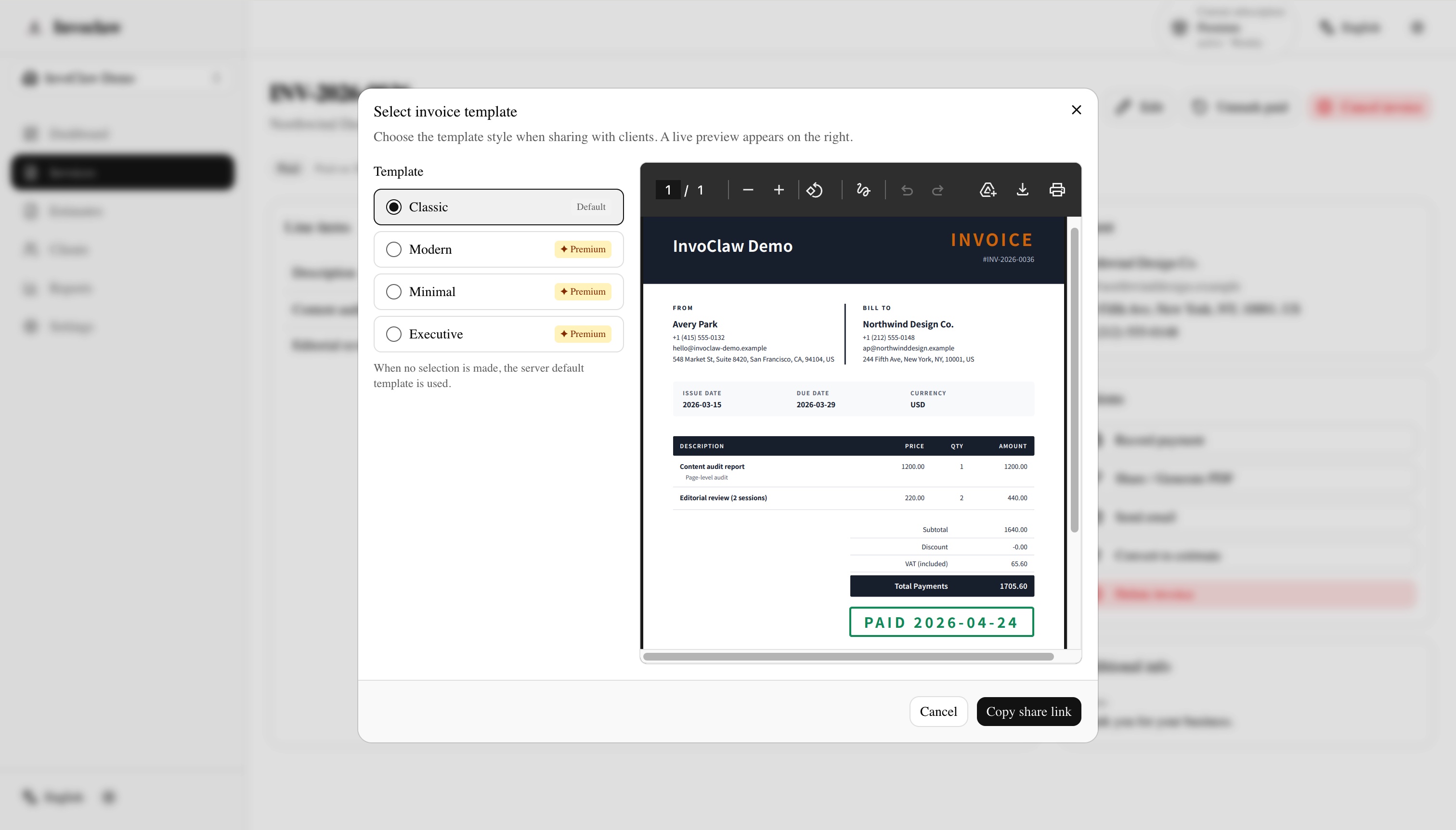 Client-facing branded invoice page with line items, totals, and download options