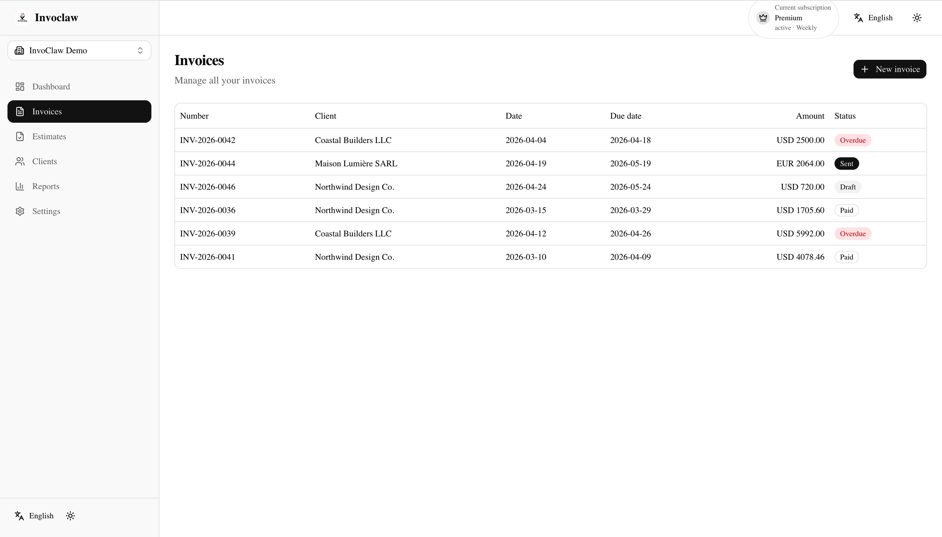 Invoice list showing a mix of draft, sent, paid, and overdue invoices